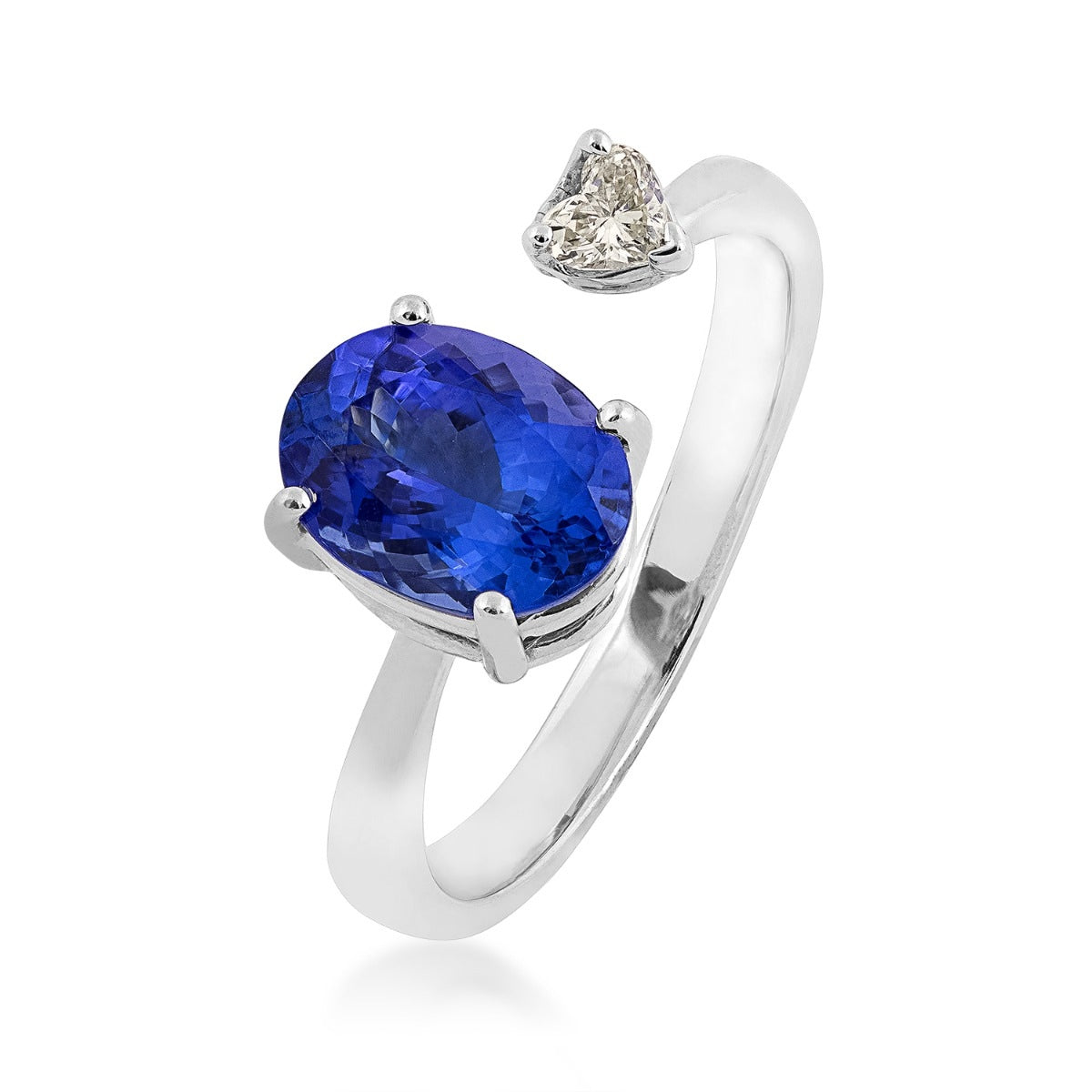 Oval Tanzanite & 1/7 ct. tw. Heart Diamond Open Ring in 14K White Gold front view
