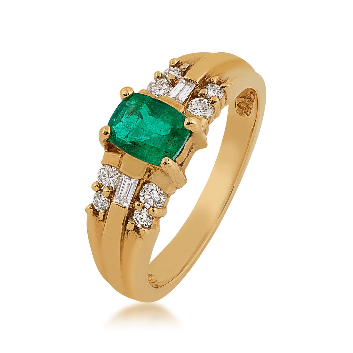 Cushion Emerald & 1/4 ct. tw. Round & Baguette Diamond Ring in 14K Yellow Gold front view
