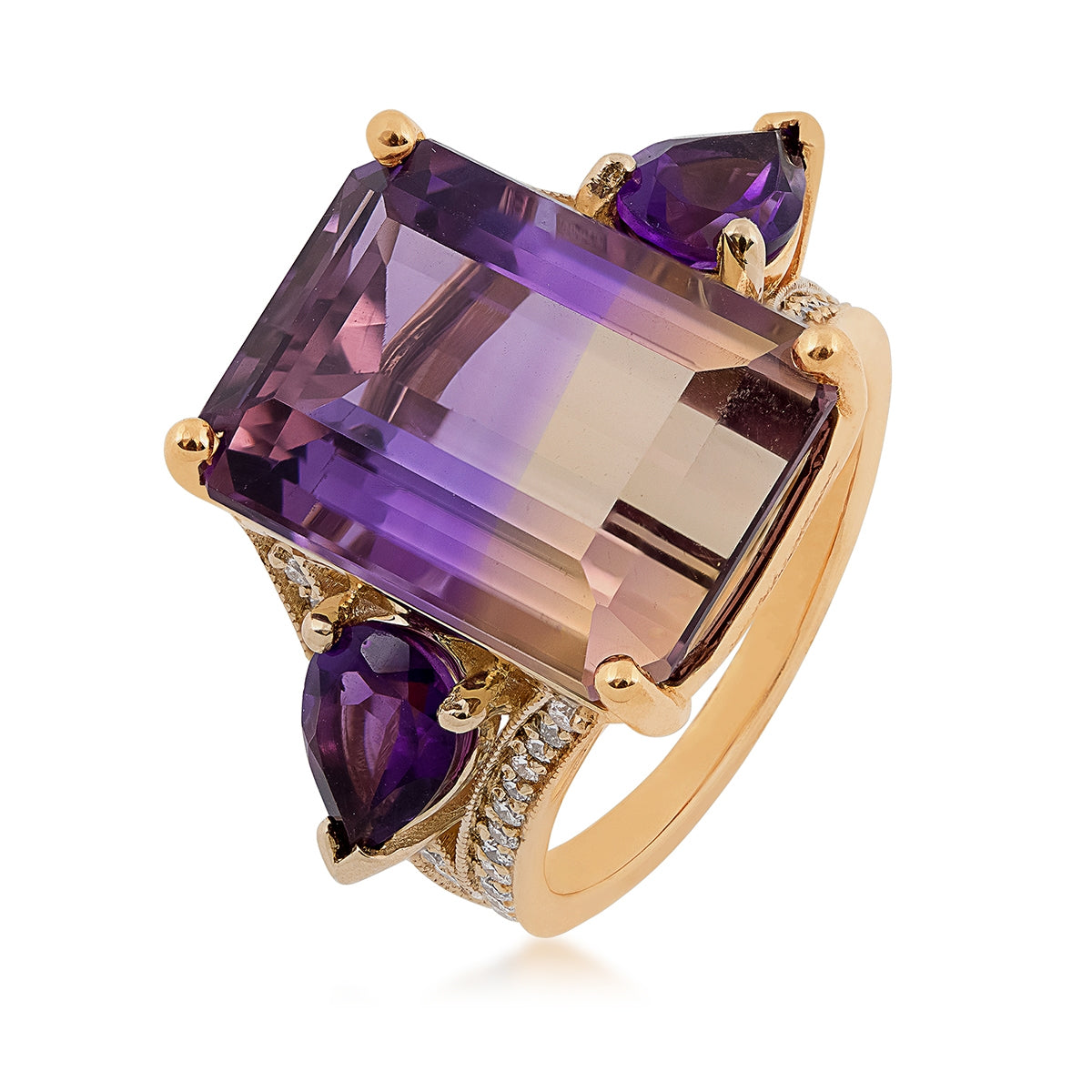 Emerald Cut Ametrine, Pear Amethyst & 3/8 ct. tw. Diamond Milgrain Ring in 14K Yellow Gold front view