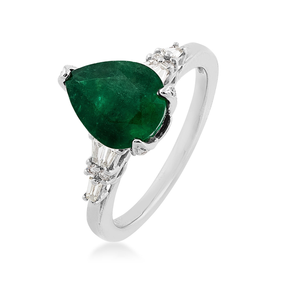Pear Emerald & 1/3 ct. tw. Baguette Diamond Ring in 14K White Gold front view