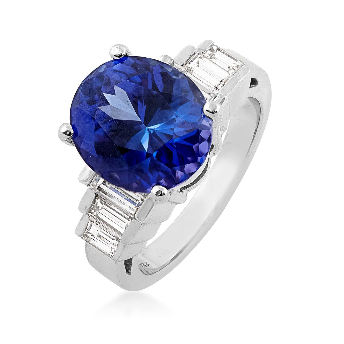 Oval Tanzanite & 1/2 ct. tw. Baguette Diamond Ring in 18K White Gold front view