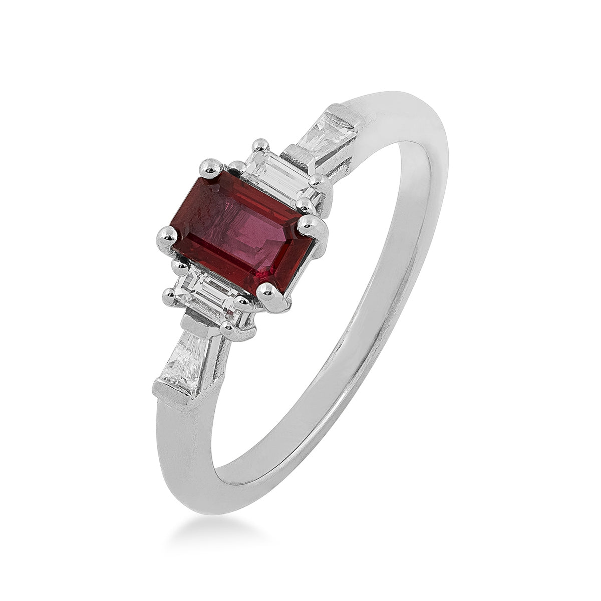 Emerald Cut Ruby & 1/4 ct. tw. Baguette Diamond Ring in 14K White Gold front view