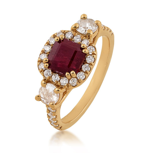 Square Ruby & 1/4 ct. tw. Diamond Halo Ring in 14K Yellow Gold front view