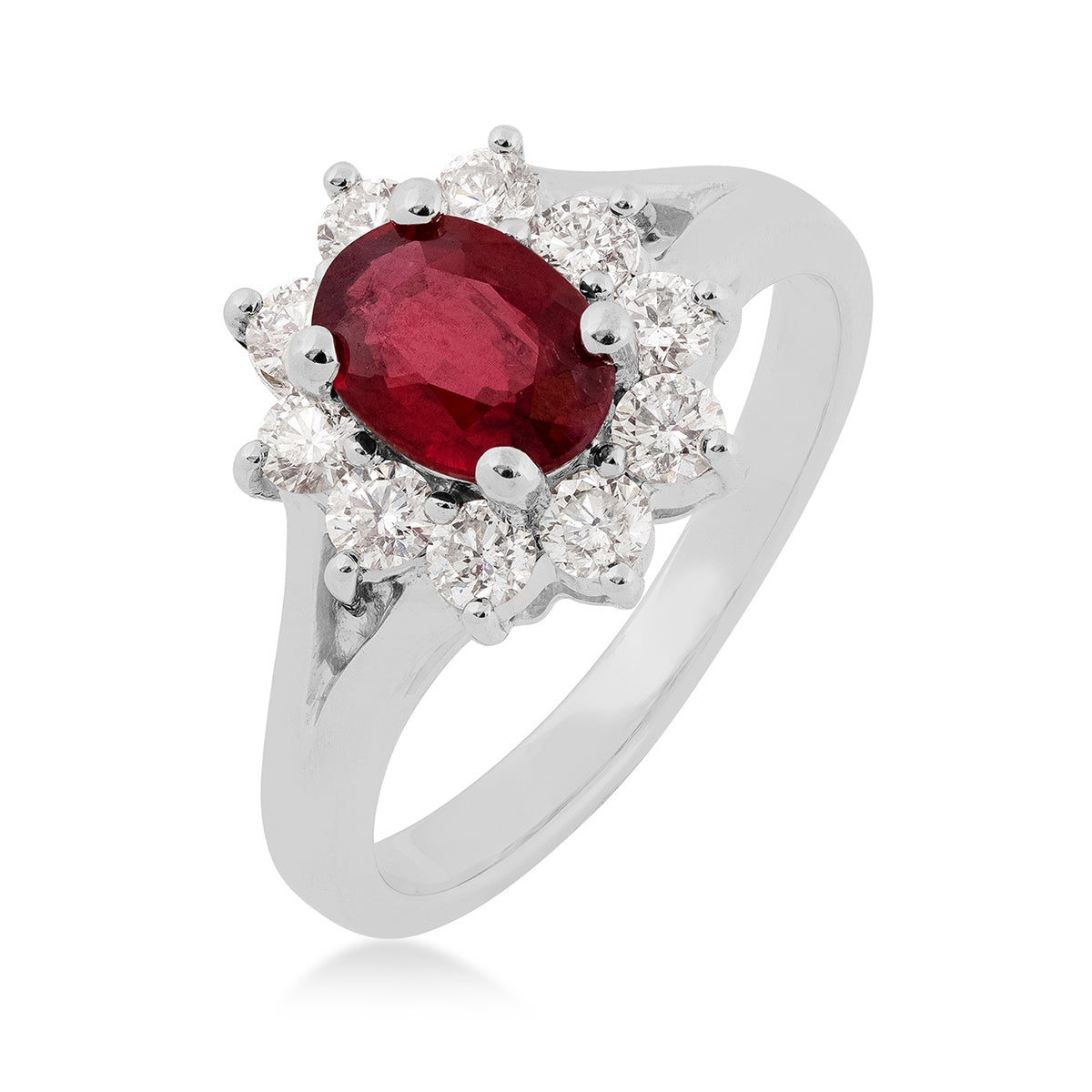 Oval Ruby & 1/2 ct. tw. Diamond Halo Split Shank Ring in 14K White Gold front view