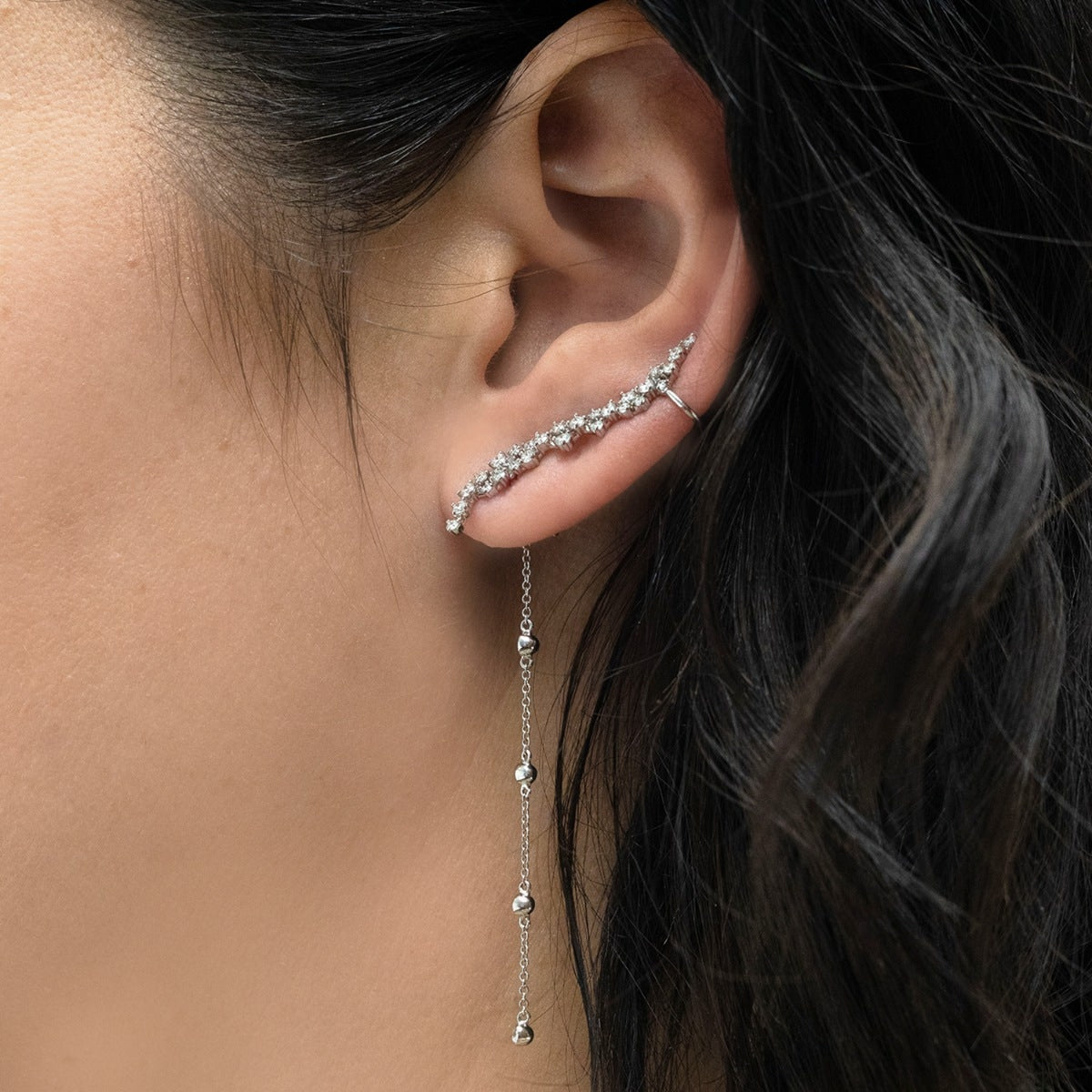 1-1/10 ct. tw. Diamond Cuff Ear Crawler Earrings with Dangle in 14K White Gold front view