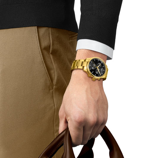 Tissot Men's Chrono XL Classic Gold-Tone Stainless Steel Watch with Black Dial front view