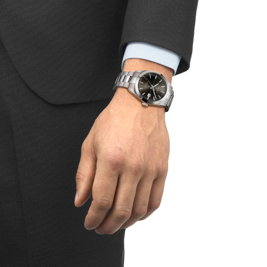 Tissot Men's Gentleman Powermatic 80 Silicium Stainless Steel Watch with Black Dial front view