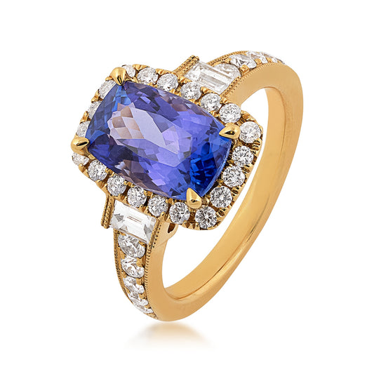 Tanzanite & 1 ct. tw. Diamond Halo Milgrain Ring in 18K Yellow Gold front view