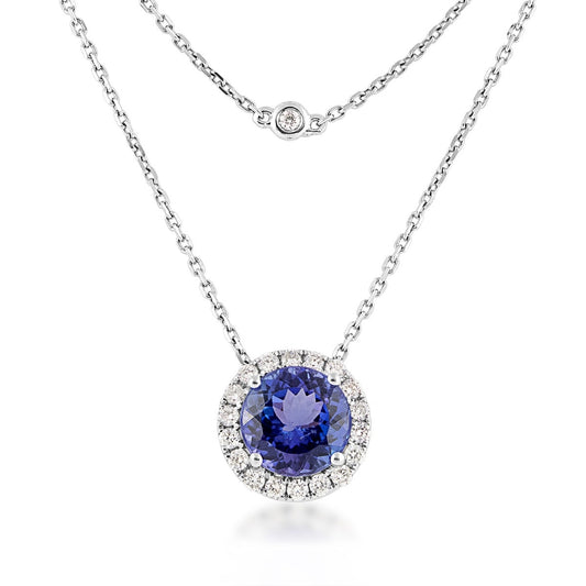 Round Tanzanite & 1/4 ct. tw. Diamond Halo Pendant in 18K White Gold front view