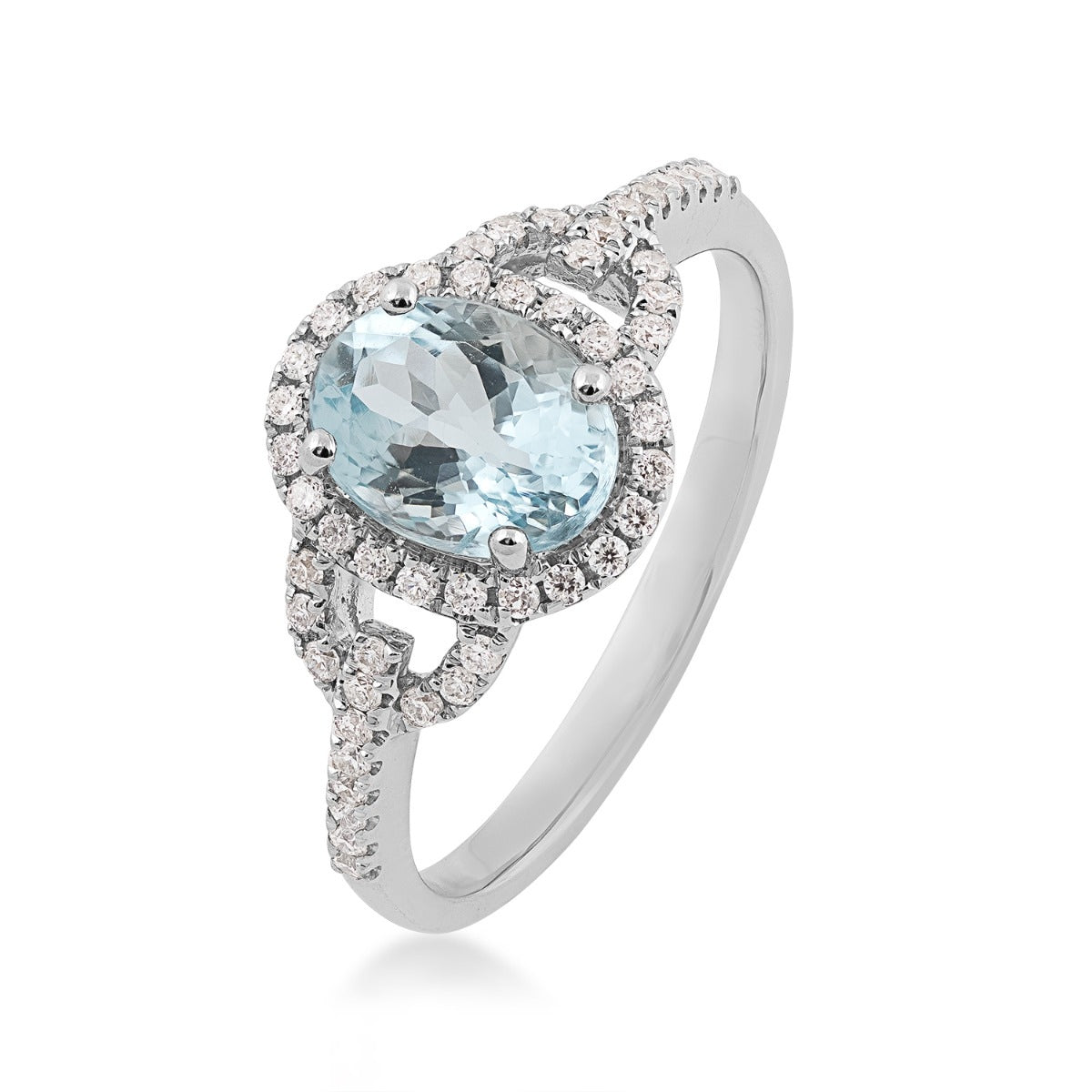Oval Aquamarine & 1/4 ct. tw. Diamond Halo Ring in 10K White Gold front view