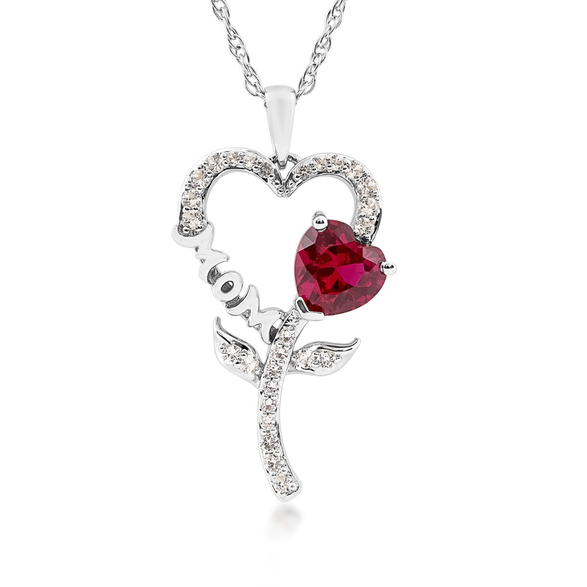 Created Heart Ruby & White Sapphire Mom Heart Pendant with Flower in Sterling Silver
