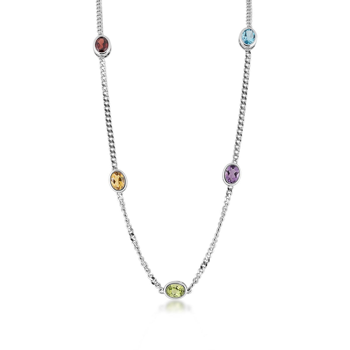 Oval Bezel Set Multi-Gemstone Station Necklace on 2.8mm Curb Chain in Sterling Silver front view