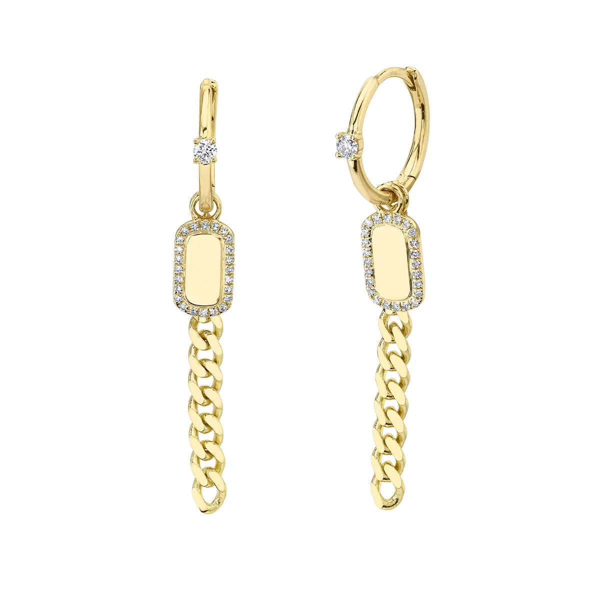 Shy Creation 1/5 ct. tw. Diamond Hoop Earrings with Removable Dog Tag & Curb Chain Dangles in 14K Yellow Gold