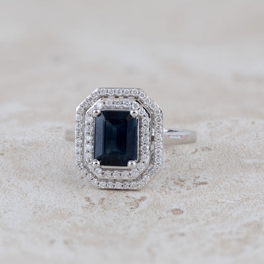 Emerald Cut Sapphire & 1/3 ct. tw. Diamond Double Halo Ring in 10K White Gold close-up detail