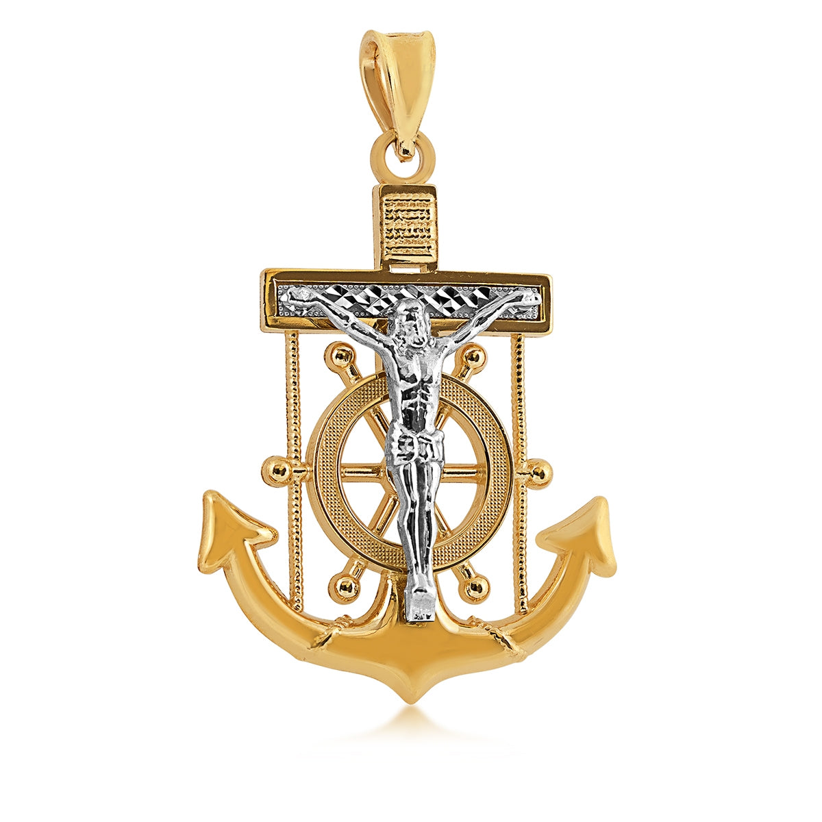 Anchor Crucifix Pendant with Rhodium Plating in 10K Yellow Gold
