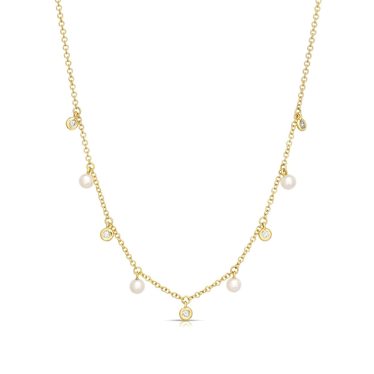 JustDesi Cultured Pearl & 1/12 ct. tw. Diamond Dangling Station Necklace in 14K Yellow Gold