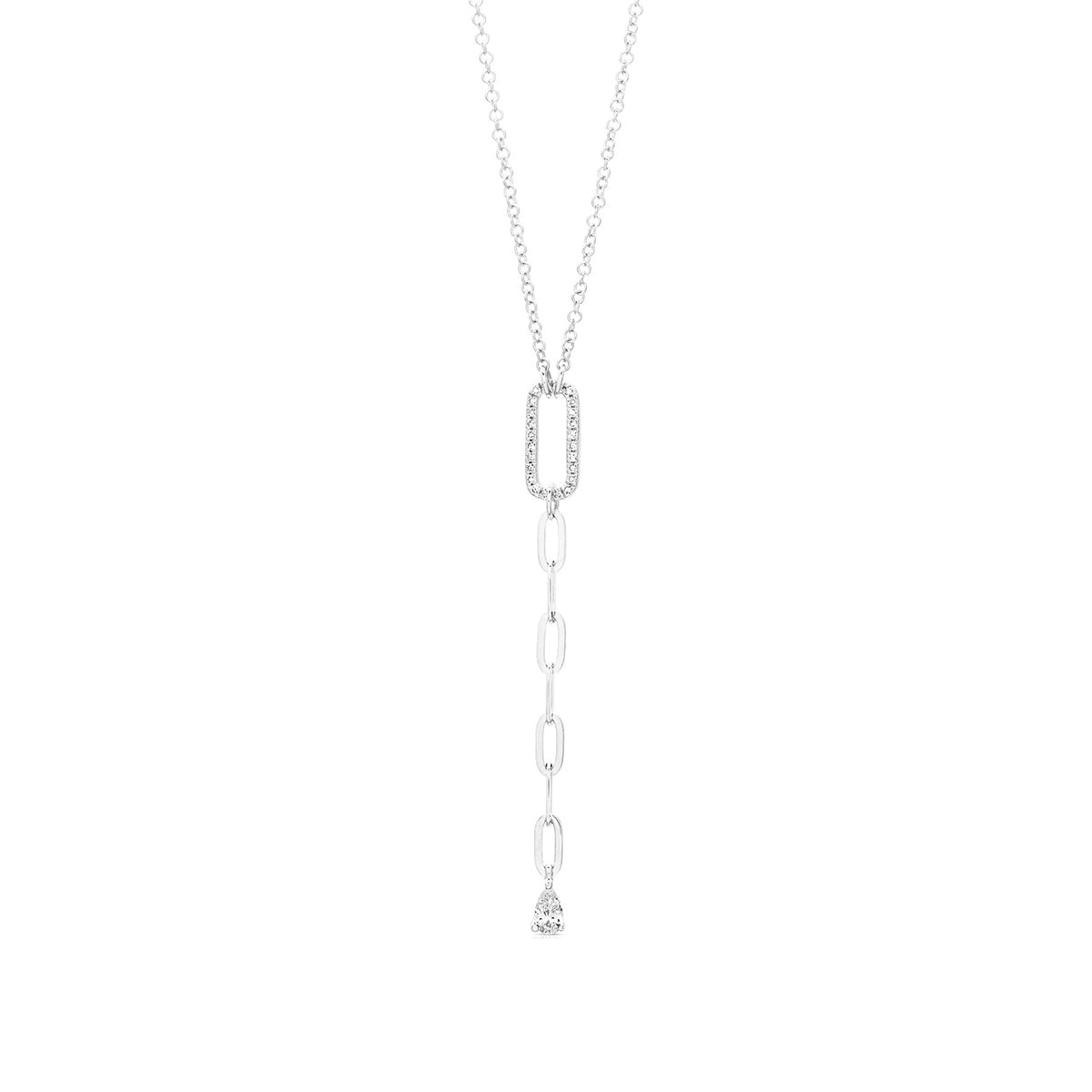 JustDesi 1/7 ct. tw. Pear-Shaped Diamond Dangling Paperclip Y Necklace in 14K White Gold