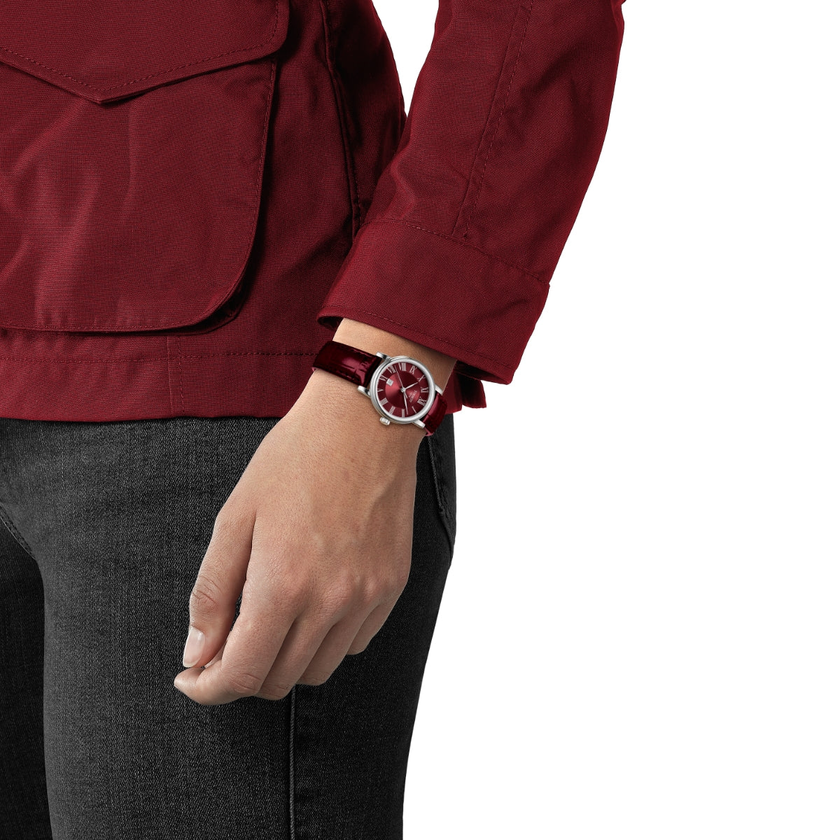 Tissot Ladies' Carson Stainless Steel Watch with Red Dial & Red Leather Strap front view