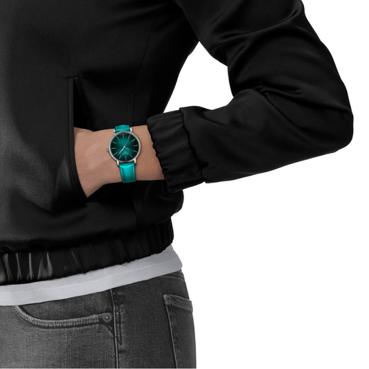 Tissot Ladies' Everytime Stainless Steel Watch with Teal Dial & Teal Synthetic Strap front view