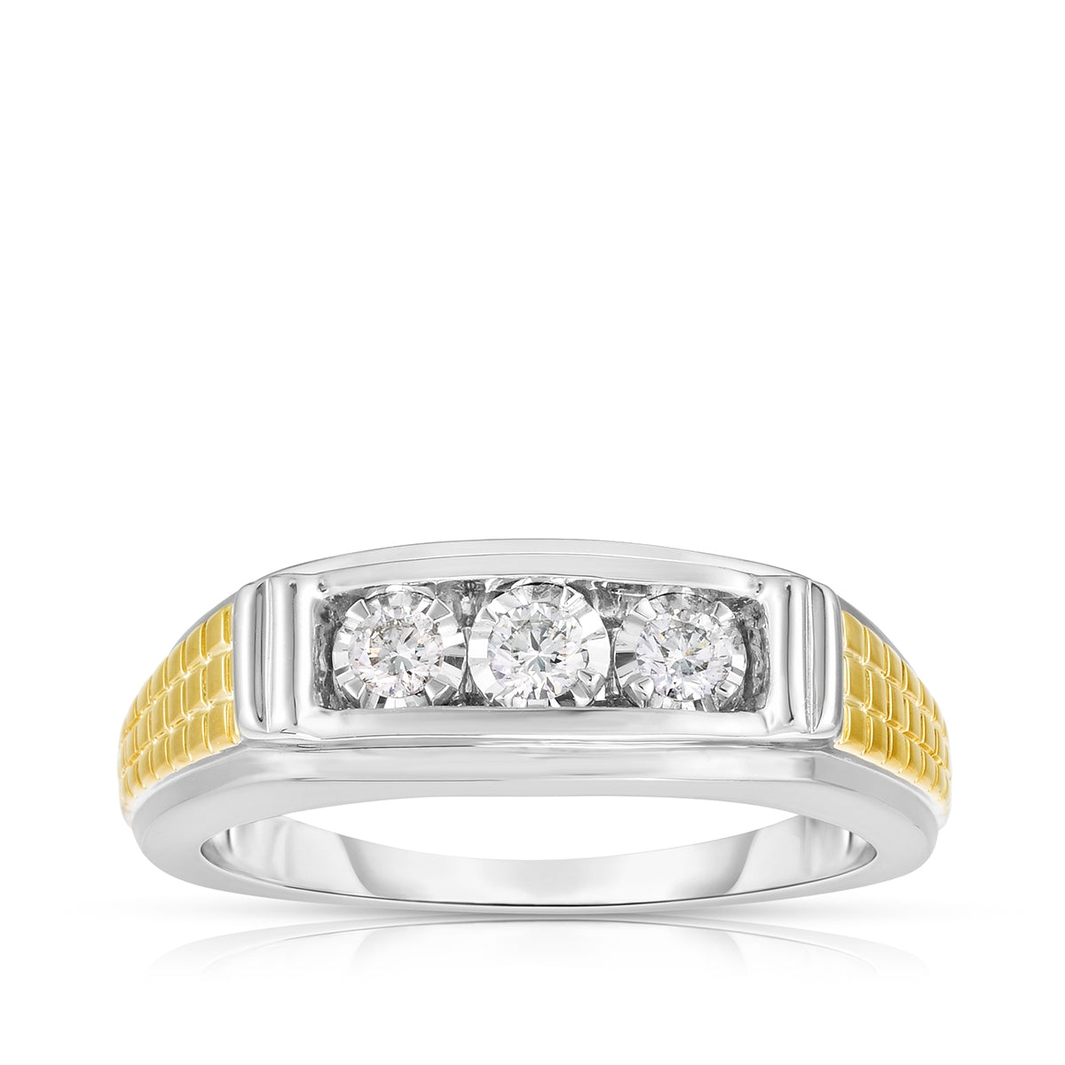 1/4 ct. tw. Men's Round 3-Stone Diamond Ring with Miracle Plates in 10K White & Yellow Gold
