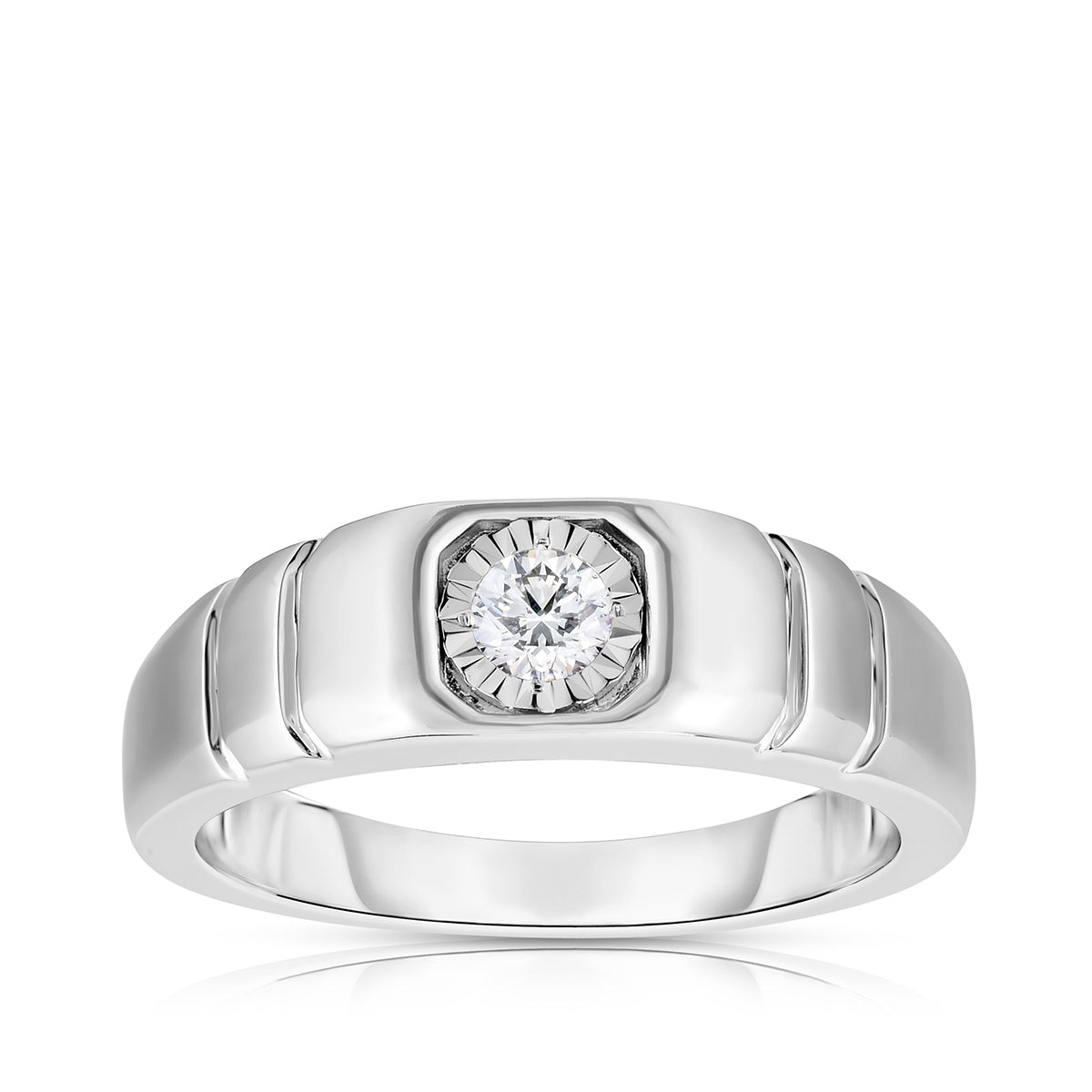 1/4 ct. tw. Men's Round Diamond Solitaire Ring with Miracle Plate in 10K White Gold