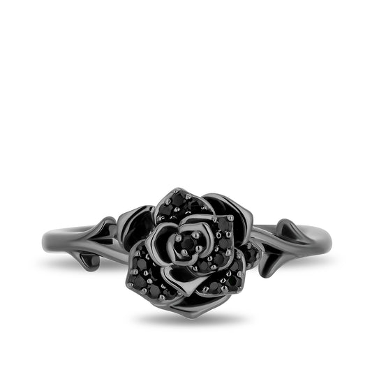 Enchanted Disney Maleficent 1/8 ct. tw. Treated Black Diamond Thorned Rose Ring in Black Rhodium Plated Sterling full view