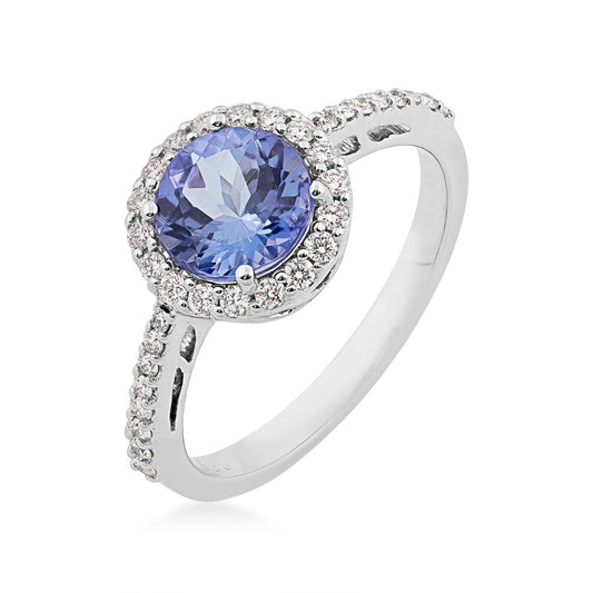 Round Tanzanite & 1/4 ct. tw. Diamond Halo Ring in 14K White Gold front view