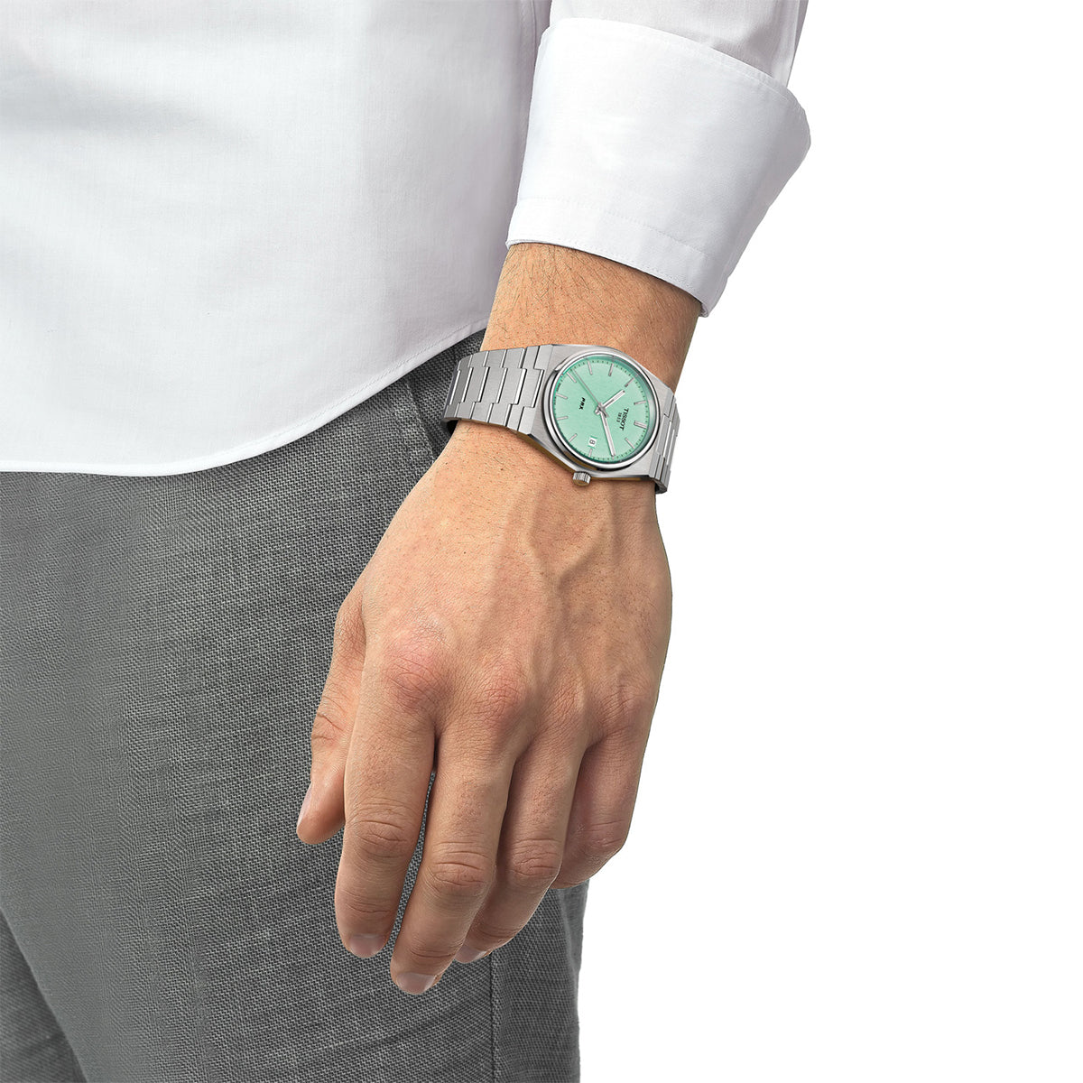 stainless steel men's Tissot quartz watch with green dial