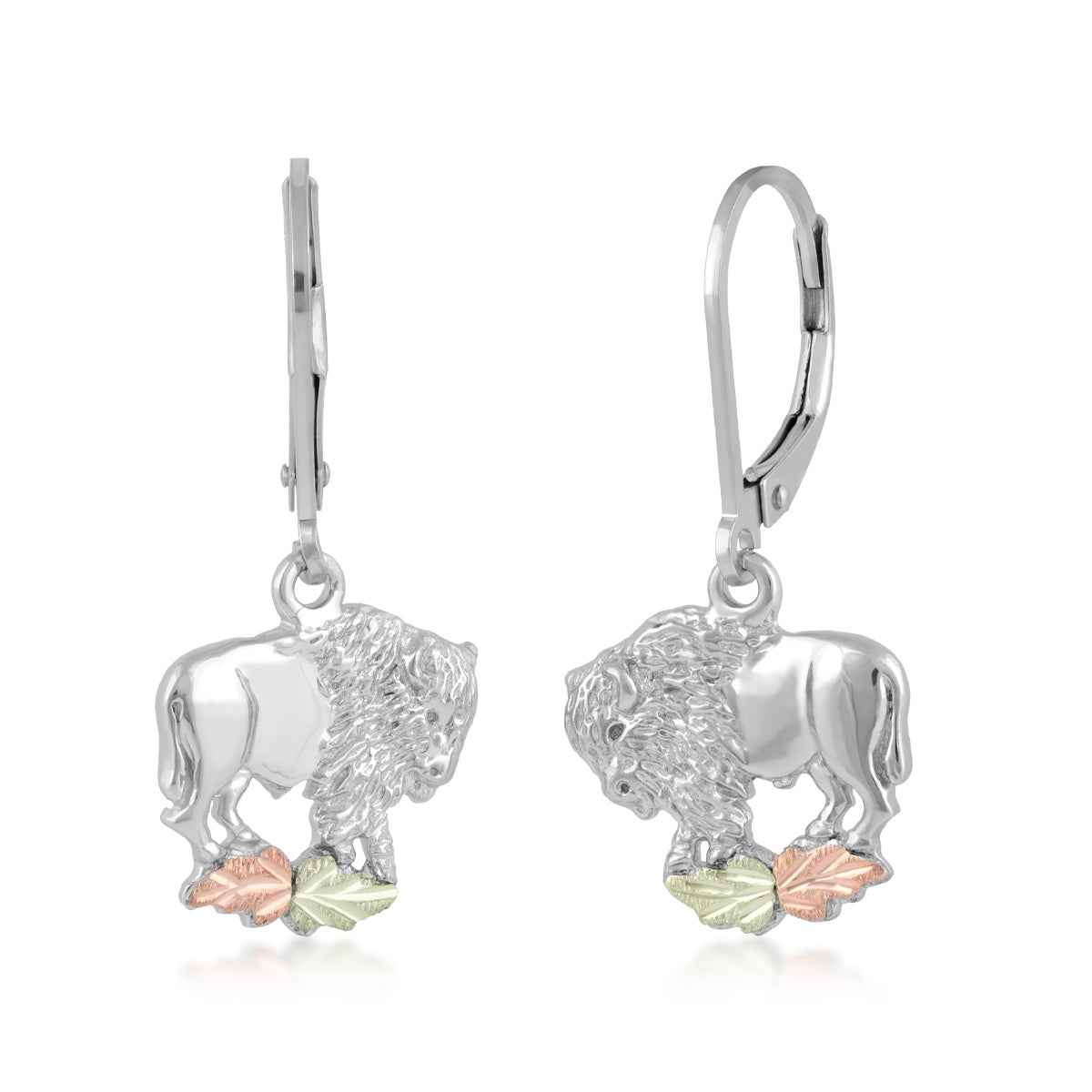 Black Hills Gold Buffalo Double Leaf Dangle Earrings in Sterling Silver