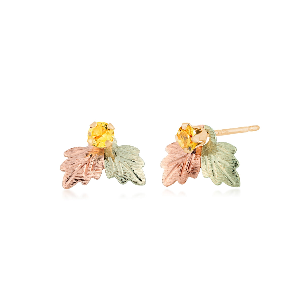 Black Hills Gold Synthetic Round Citrine Stud & Double Leaf Earring Jackets in 10K Yellow Gold