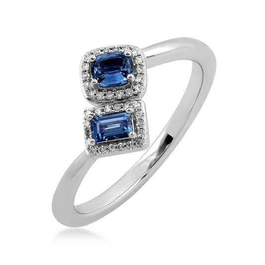 Baguette & Cushion Yogo Sapphire & 1/10 ct. tw. Diamond Toi et Moi Ring in 10K White Gold front view