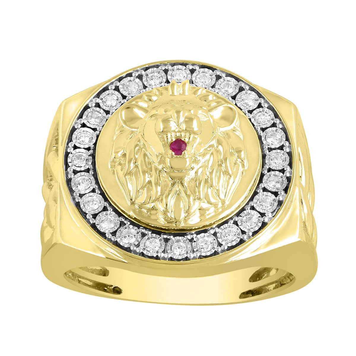 1/4 ct. tw. Men's Diamond & Ruby Lion Head Ring with Miracle Plates in 10K Yellow Gold