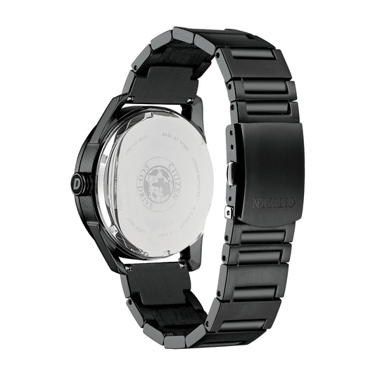 Citizen Men's Eco-Drive Black Stainless Steel Watch with Black Dial close-up detail