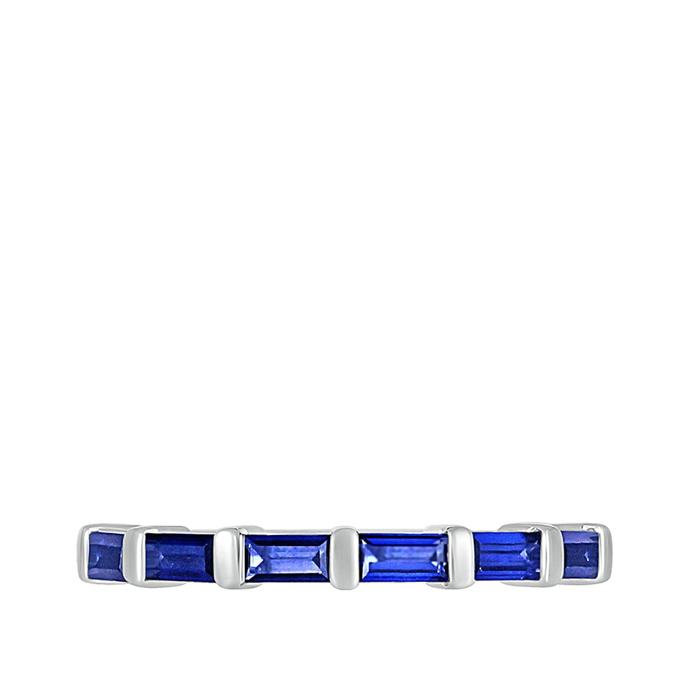 Created Baguette Sapphire Ring in 10K White Gold close-up detail