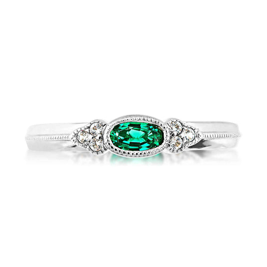 Created Oval Emerald & White Sapphire Stackable Ring with Milgrain Halo in Sterling Silver front view