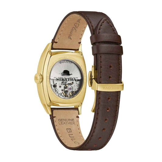 Bulova Men's Frank Sinatra Young at Heart Automatic Gold-Tone Stainless Steel Watch with Brown Dial & Leather Strap