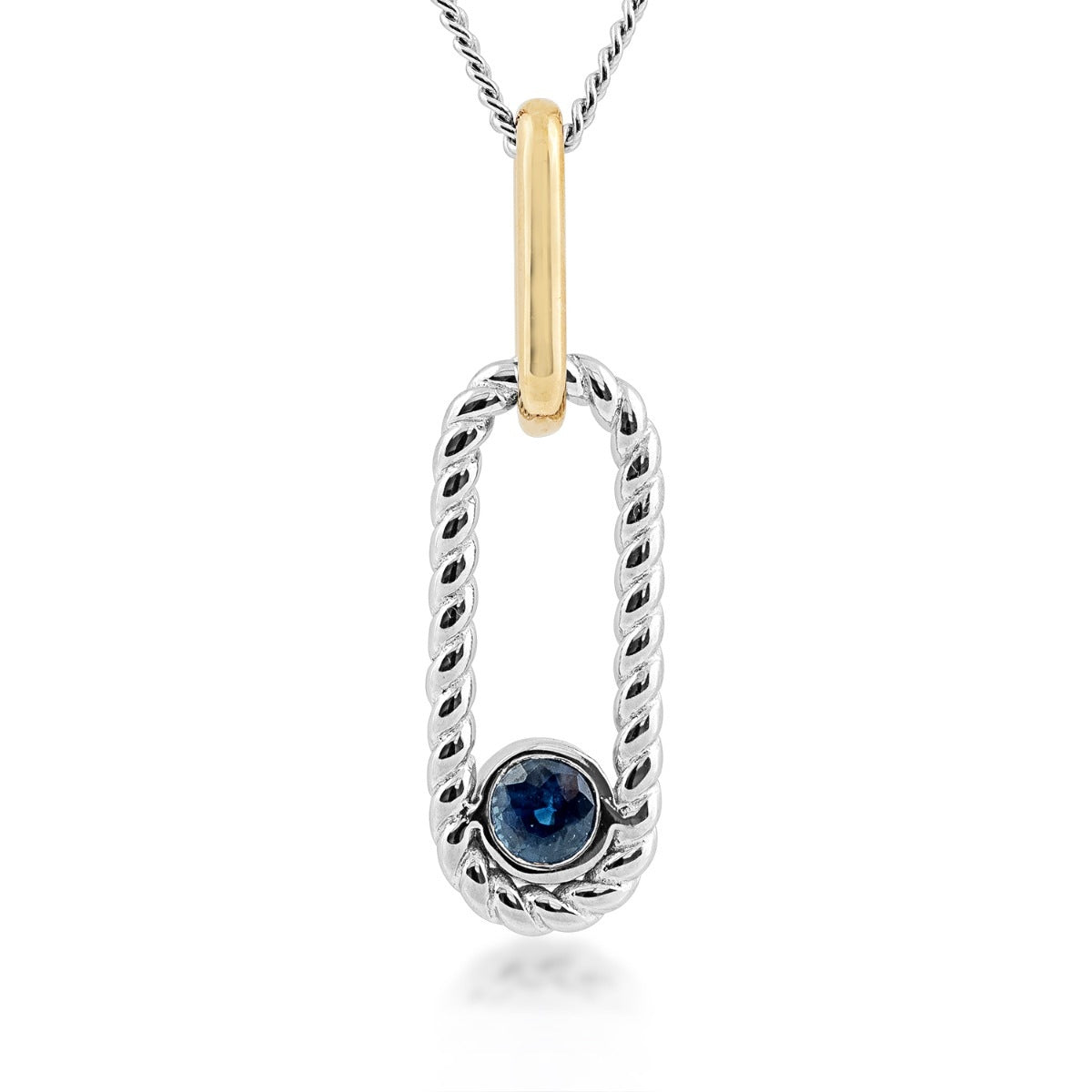 Round Sapphire Rope Paperclip Pendant in Sterling Silver & 10K Yellow Gold