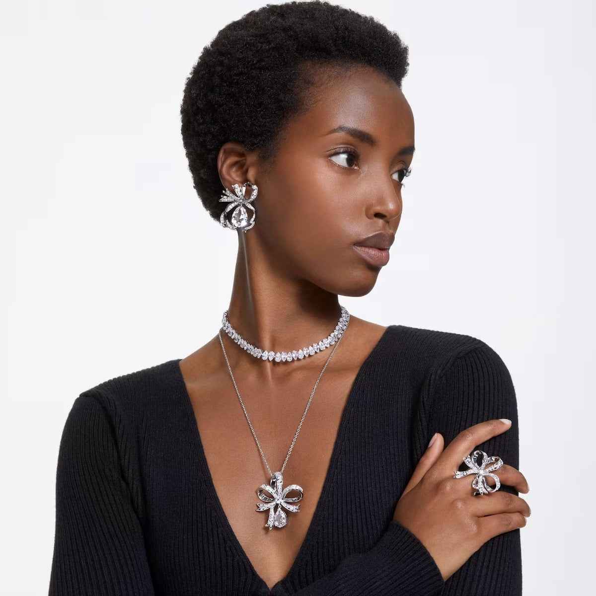 Swarovski Hyperbola Pear & Round White Crystal Pendant in White Rhodium Plating close-up detail