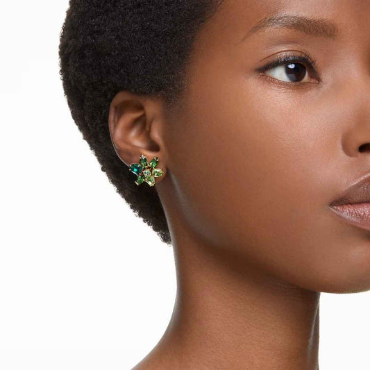Swarovski Gema Pear & Marquise Green Crystal Flower Earrings in Yellow Gold-Tone Plating front view
