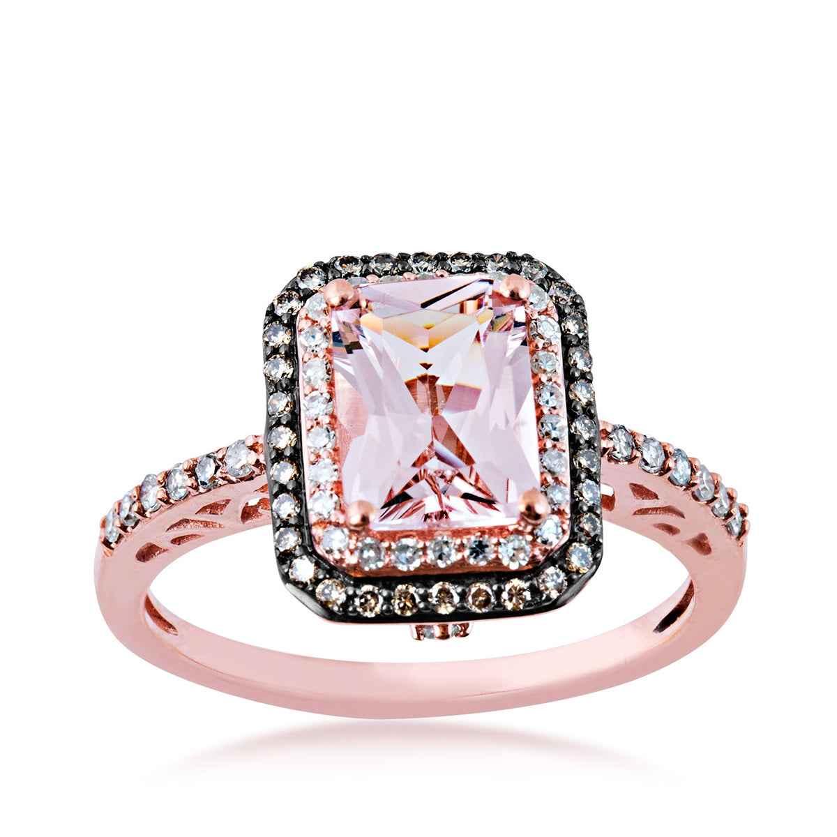 Impulse Collection Radiant Cut Morganite & 1/3 ct. tw. Mocha & White Diamond Double Halo Ring in 10K Pink Gold