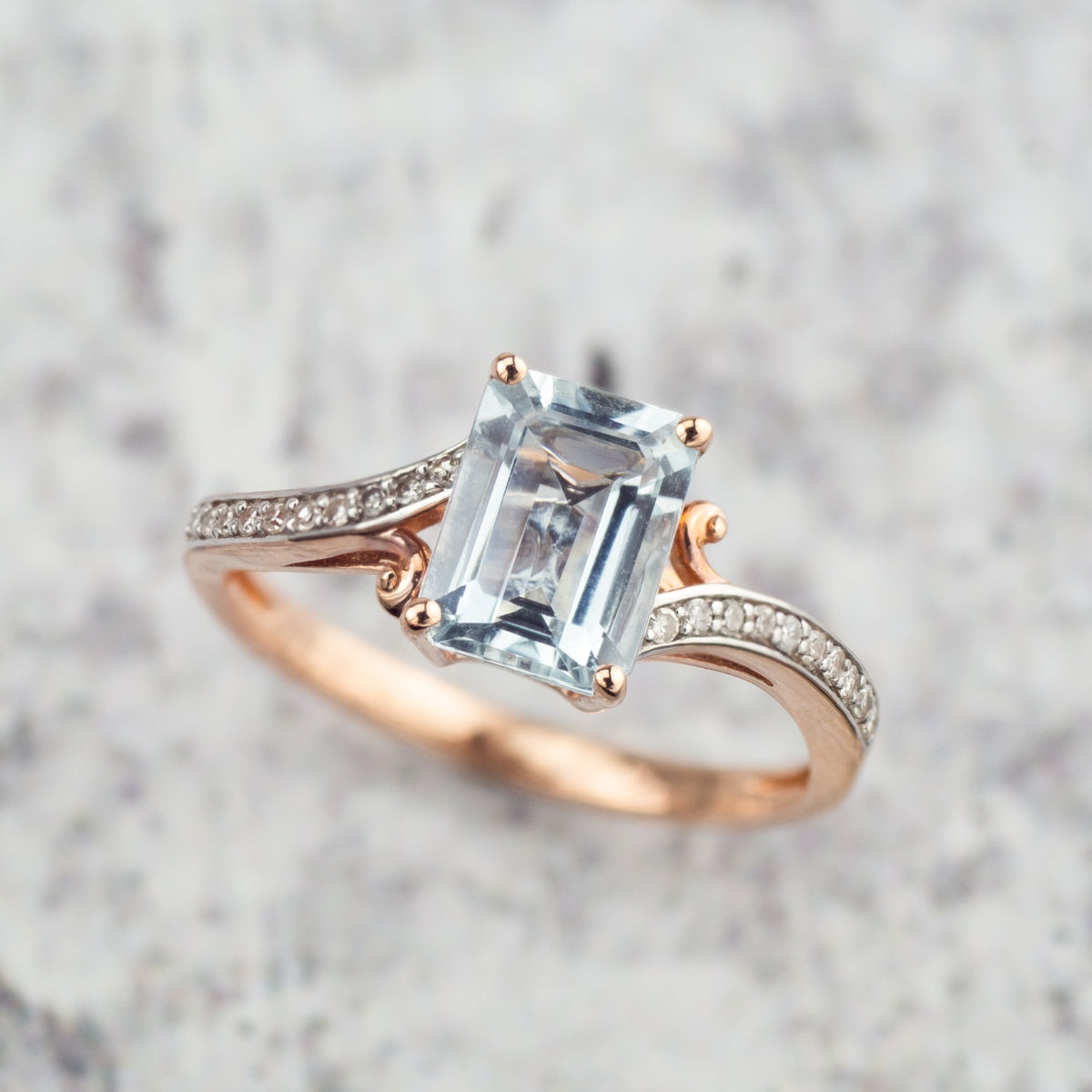 Emerald Cut Aquamarine & Diamond Accent Bypass Ring in 10K Pink Gold full view