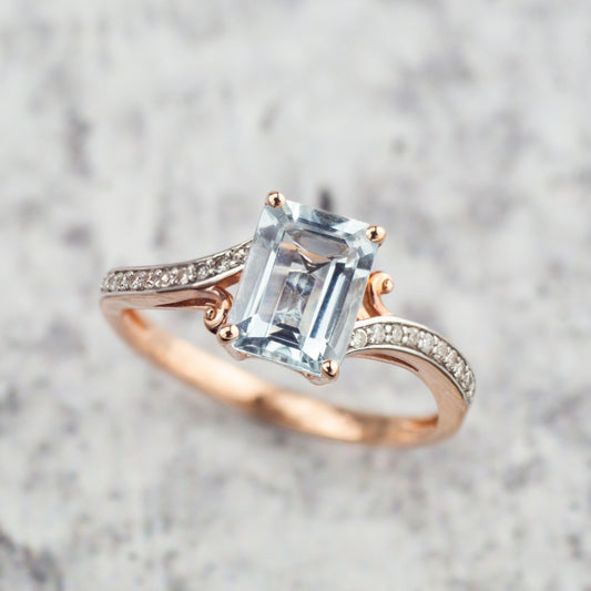 Emerald Cut Aquamarine & Diamond Accent Bypass Ring in 10K Pink Gold full view