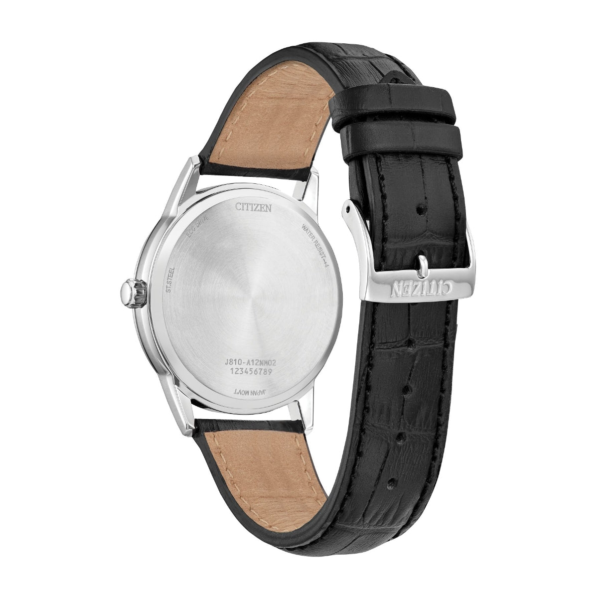 Citizen Men's Classic Collection Stainless Steel Watch with Blue Dial & Black Leather Strap close-up detail
