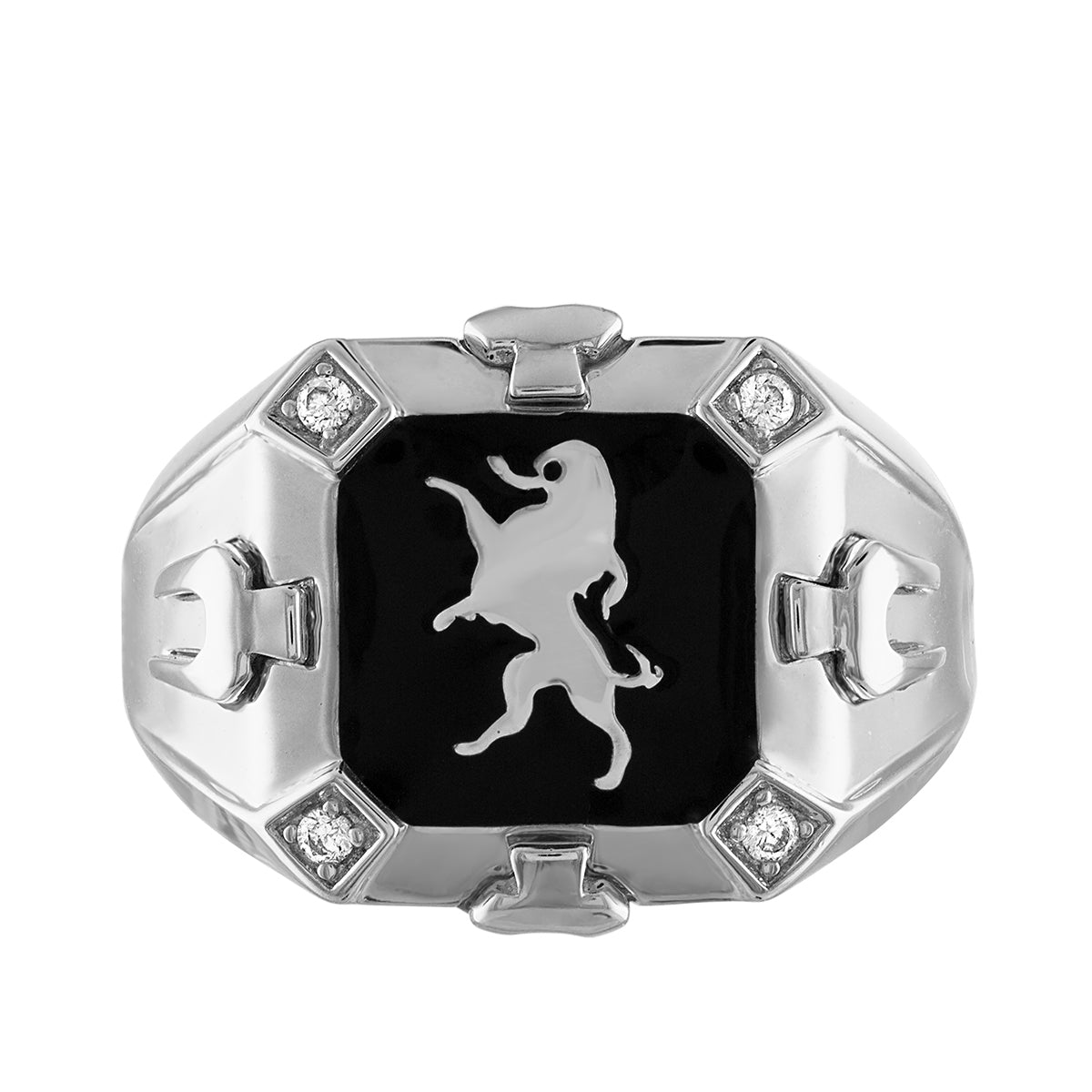 Bulova Men's Diamond Accent & Black Enamel Crest of Bohemia Lion Ring in Rhodium Plated Sterling Silver close-up detail