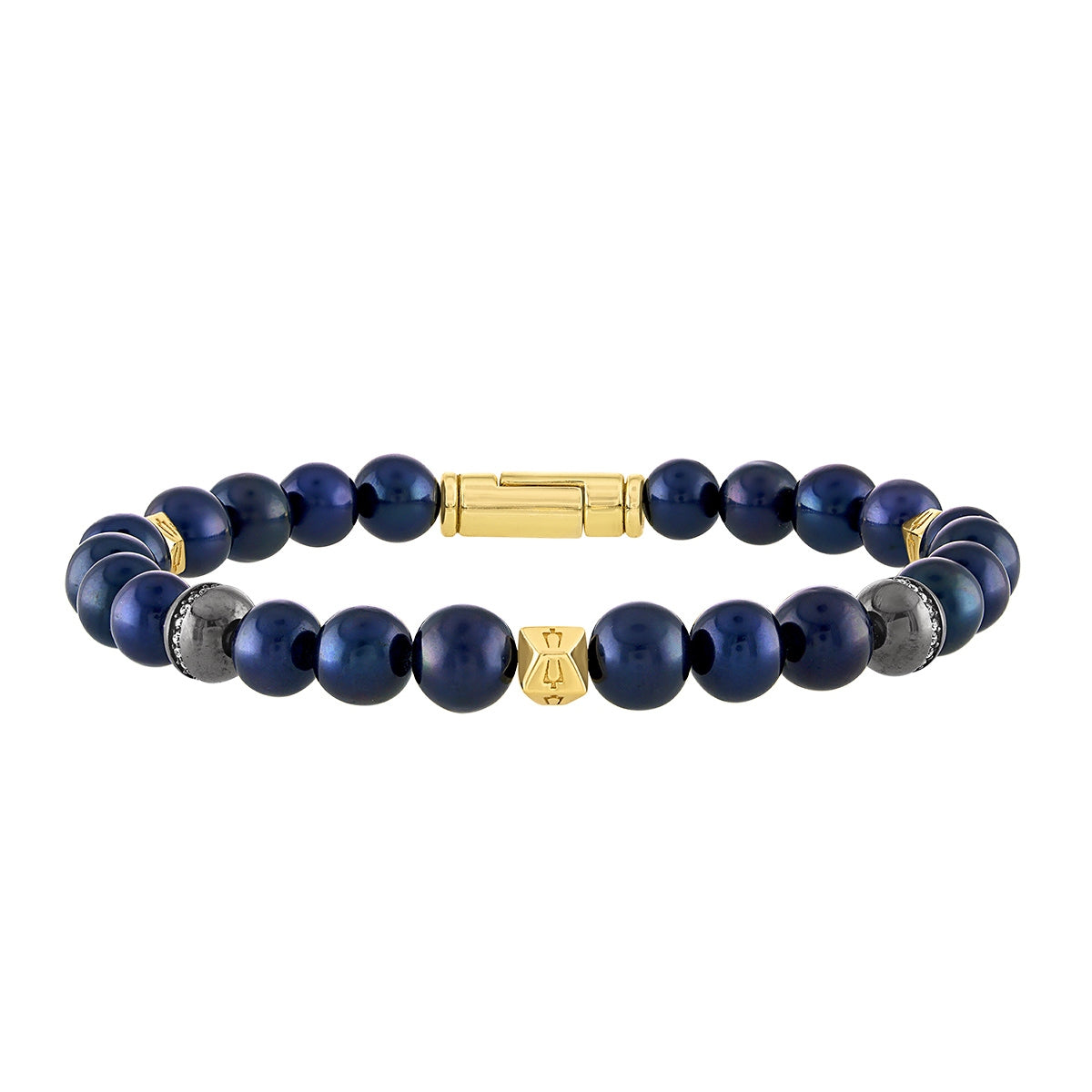 Bulova Men's Cultured Freshwater Navy Pearl & 1/5 ct. tw. Diamond Bracelet in 14K Yellow Gold Plated Sterling Silver