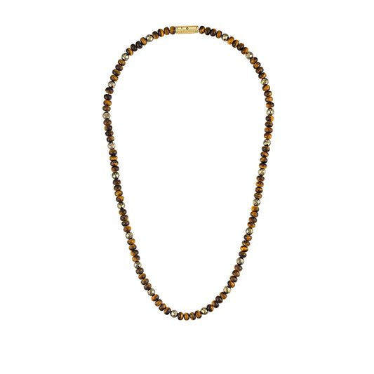 Bulova Men's Tiger's Eye & Pyrite Bead Necklace in 14K Yellow Gold Plated Sterling Silver front view