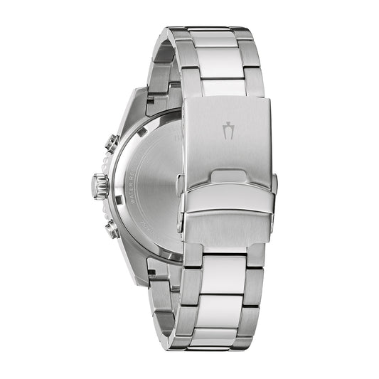 Bulova Men's Apollo Chronograph Quartz Stainless Steel Watch with Black Dial close-up detail