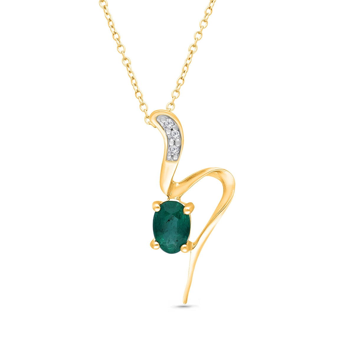 Kallati Oval Emerald & Diamond Accent Curve Pendant in 14K Yellow Gold