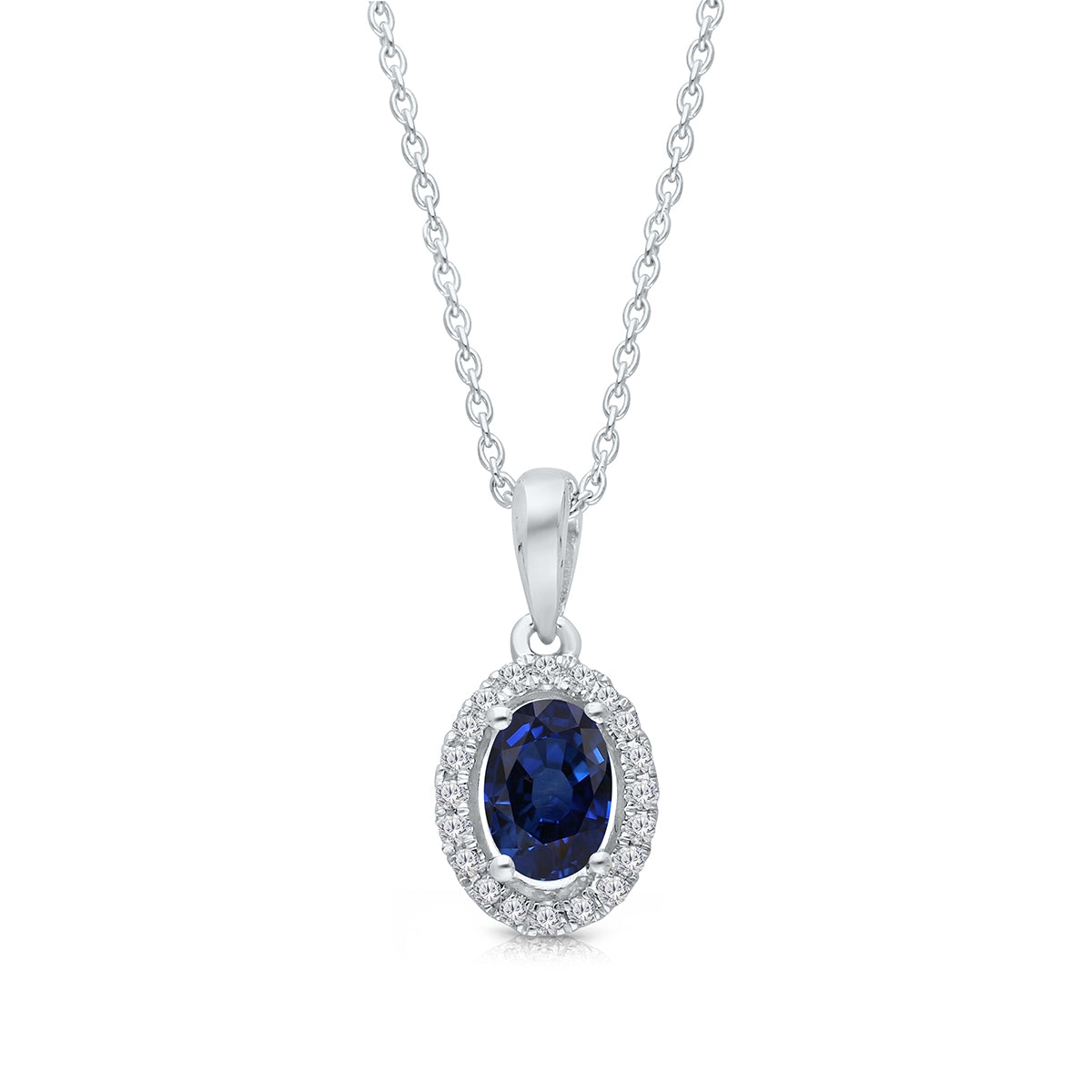 Kallati Oval Sapphire & 1/10 ct. tw. Diamond Halo Dangle Pendant in 14K White Gold