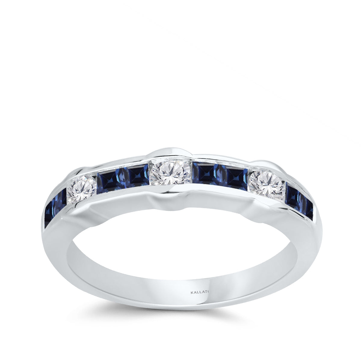 Kallati Princess Cut Sapphire & 1/5 ct. tw. Round Diamond Channel Set Ring in 14K White Gold